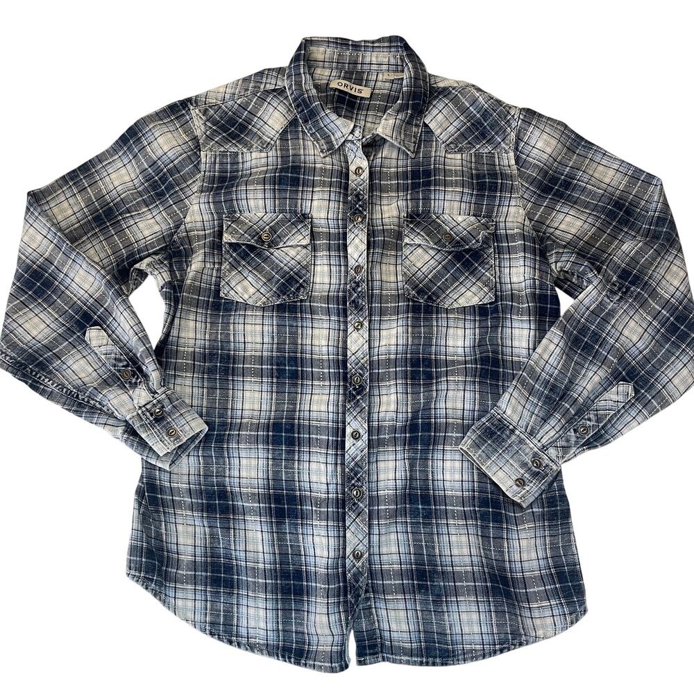 Orvis Blue Plaid Button Down Shirt Cotton Western Size Womens Large